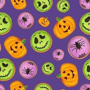 Medium Scale Trick or Treat Halloween Cookies Pumpkins Spiders Monsters on Grape Purple