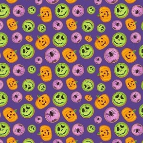 Small Scale Trick or Treat Halloween Cookies Pumpkins Spiders Monsters on Grape Purple