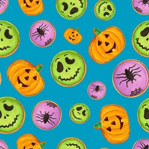 Large Scale Trick or Treat Halloween Cookies Pumpkins Spiders Monsters on Caribbean Blue
