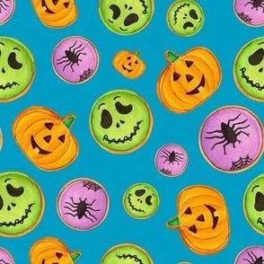 Medium Scale Trick or Treat Halloween Cookies Pumpkins Spiders Monsters on Caribbean Blue