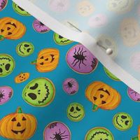 Small Scale Trick or Treat Halloween Cookies Pumpkins Spiders Monsters on Caribbean Blue