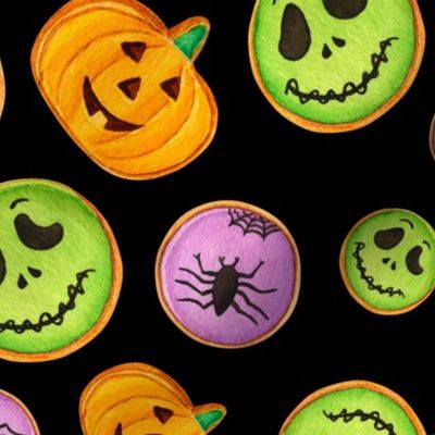 Large Scale Trick or Treat Halloween Cookies Pumpkins Spiders Monsters on Black