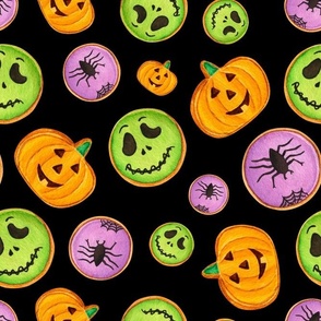 Large Scale Trick or Treat Halloween Cookies Pumpkins Spiders Monsters on Black