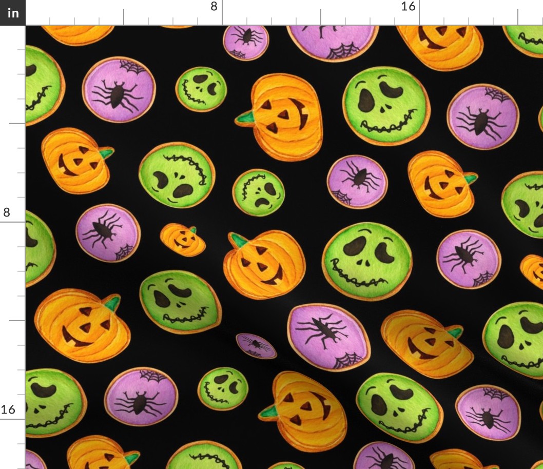 Large Scale Trick or Treat Halloween Cookies Pumpkins Spiders Monsters on Black