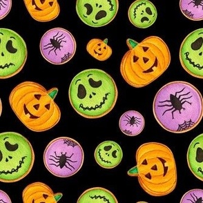 Medium Scale Trick or Treat Halloween Cookies Pumpkins Spiders Monsters on Black
