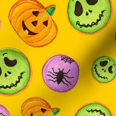 Large Scale Trick or Treat Halloween Cookies Pumpkins Spiders Monsters on Golden Yellow