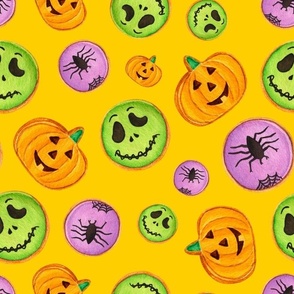 Large Scale Trick or Treat Halloween Cookies Pumpkins Spiders Monsters on Golden Yellow