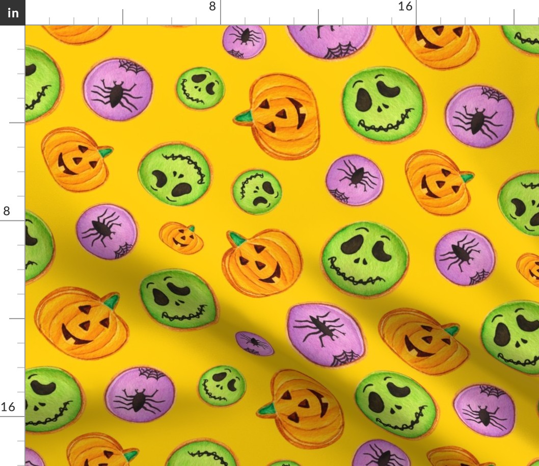 Large Scale Trick or Treat Halloween Cookies Pumpkins Spiders Monsters on Golden Yellow