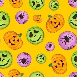 Medium Scale Trick or Treat Halloween Cookies Pumpkins Spiders Monsters on Golden Yellow