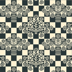 Op-ulence Retro Floral Checkerboard Op Art Mid-Century Modern Trompe l'Oeil Geometric in Black and Warm White - SMALL Scale - UnBlink Studio by Jackie Tahara