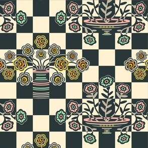 Op-ulence Retro Floral Checkerboard Op Art Mid-Century Modern Trompe l'Oeil Geometric in Black, Warm White with Multi-Colours - MEDIUM Scale - UnBlink Studio by Jackie Tahara
