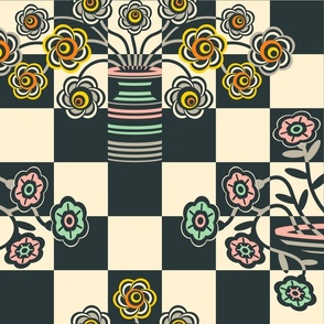 Op-ulence Retro Floral Checkerboard Op Art Mid-Century Modern Trompe l'Oeil Geometric in Black, Warm White with Multi-Colours - LARGE Scale - UnBlink Studio by Jackie Tahara