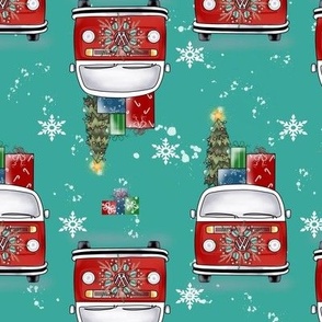 Snow Buddies retro Christmas bus on teal 