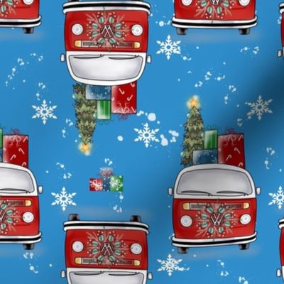 Snow Buddies retro bus Christmas on blue 