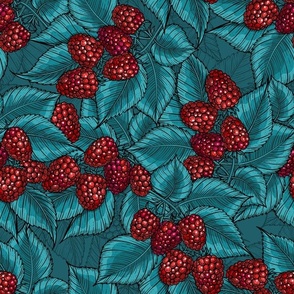 Raspberries on turquoise