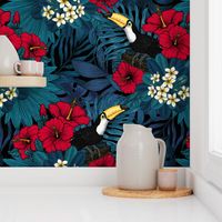 Joyful Jungle:Toucans amd tropical flora, blue and red