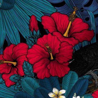 Joyful Jungle:Toucans amd tropical flora, blue and red