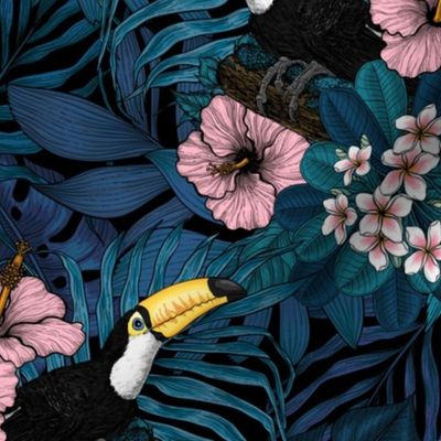 Joyful Jungle:Toucans amd tropical flora, blue and pink