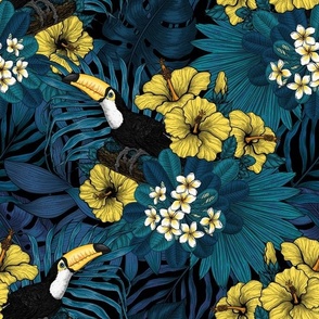 Joyful Jungle:Toucans amd tropical flora, blue and yellow