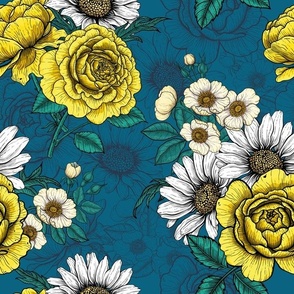 Summer bouquets-  daisy and rose flowers , yellow,  blue and white