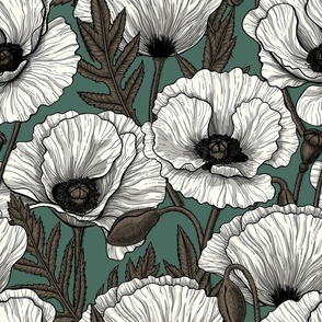 White poppy flowers in natural, bark brown and pine green