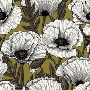White poppies in natural, bark brown and moss green