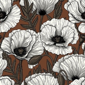 White poppies in natural, bark brown and cinnamon