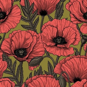 Poppy garden in coral, bark brown and moss green