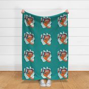 Bookish cat 18"x18" // orange cat with tea mug teal neon red white and flesh coral books 