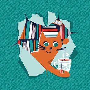 Bookish cat 18"x18" // orange cat with tea mug teal neon red white and flesh coral books 