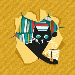 Bookish cat 18"x18" // black cat with tea mug teal neon red white and yellow books 