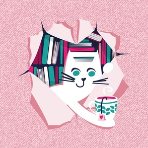Bookish cat 18"x18" // white cat with tea mug teal white fuchsia and pastel pink books 