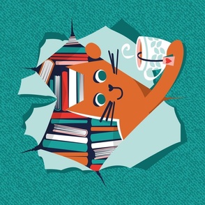 Bookish cat 27"x18" tea towel or wall hanging // orange cat with tea mug teal neon red white and flesh coral books 