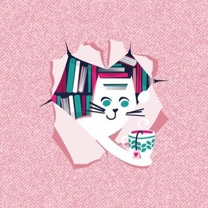 Bookish cat 8"x8" embroidery template // white cat with tea mug teal white fuchsia and pastel pink books 