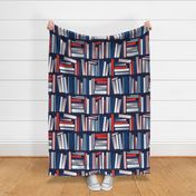 Large jumbo scale // Bookish soul // oxford navy blue bookshelf background neon red flesh coral white classic and pastel blue books 