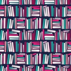 Tiny scale // Bookish soul // oxford navy blue bookshelf background teal white fuchsia carissma and pastel pink books 
