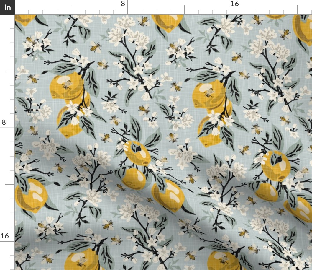 Bees And Lemons - Medium - Linen Texture - Black Stems