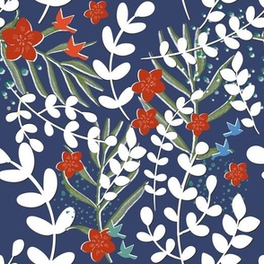Blue paper cut flowers and birds