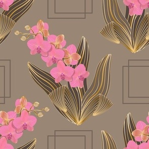 Luxury gold line art, blooming orchids.