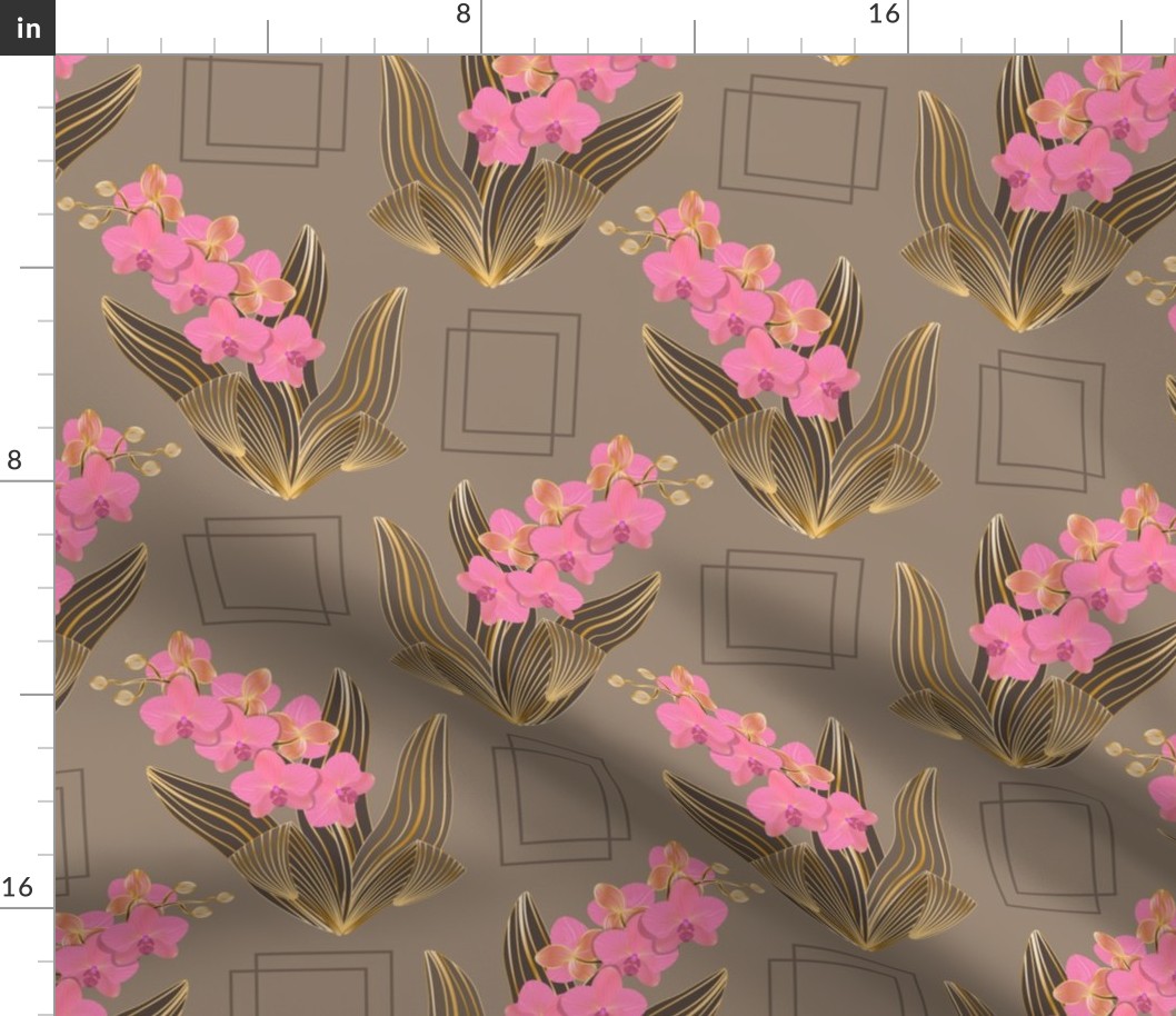 Luxury gold line art, blooming orchids.