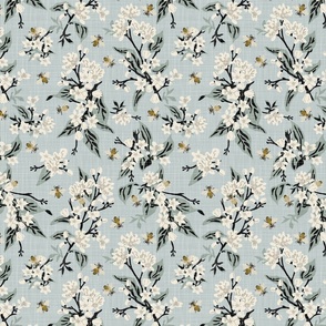 Flowers & Bees ONLY - Medium - Linen Texture - Blue