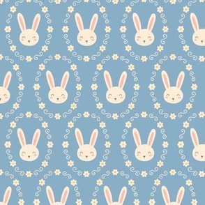 Bunnies in Flower Frame on Blue (Small Scale)