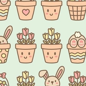 Potted Bunnies on Green (Large Scale)