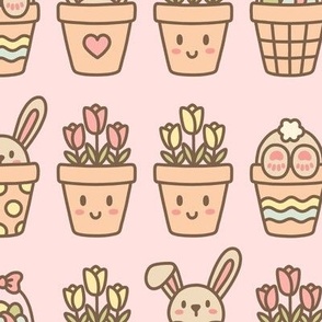 Potted Bunnies on Pink (Large Scale)