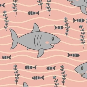 Cute Shark & Fishies on Pink (Large Scale)