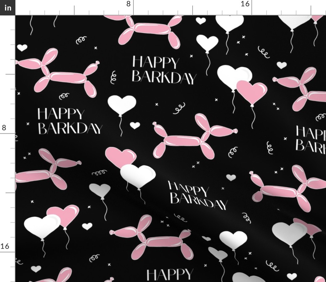 Happy barkday puppy birthday dog animal balloon pet love party celebration pink white on black girls LARGE