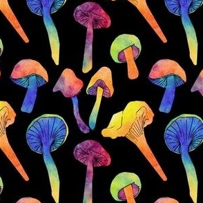 Wild Mushroom Hunt Blockprint in Psychedelic Rainbow + Black