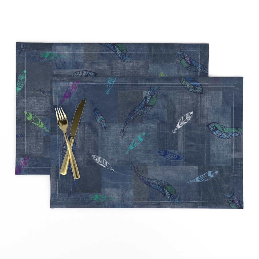 Patched Denim with Hand Drawn Feathers | Navy blue boro cloth, blue denim and linen pattern throw with colorful feather pattern.