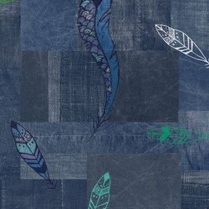 Patched Denim with Hand Drawn Feathers | Navy blue boro cloth, blue denim and linen pattern throw with colorful feather pattern.