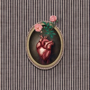 Anatomical heart cameo with roses on textured charcoal stripe - Tromp L'oeil , 3D - (suits throw pillow)